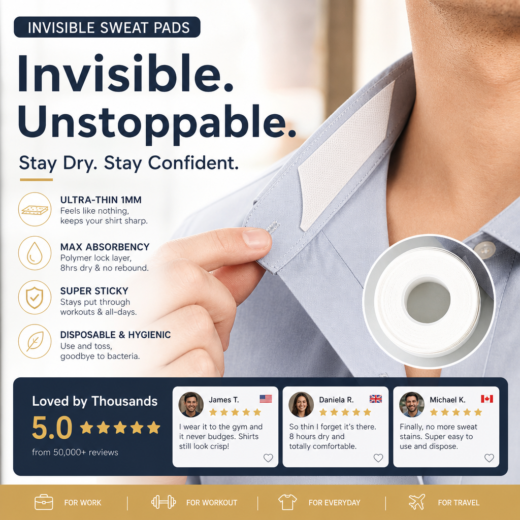 Invisible disposable collar and cuff sweat liners by Arenzza, shown in a close-up image highlighting their discreet and protective design.