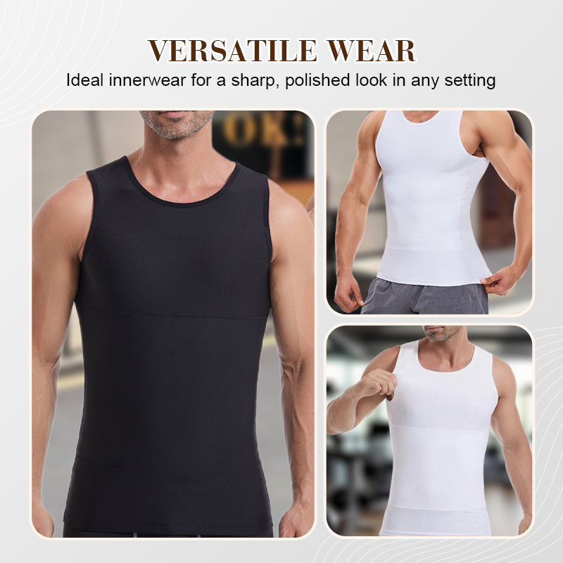 Men's solid slimming abdominal control vest by Arenzza, shown in black, designed to shape and support the waist and abdomen.
