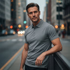 A men's Arenzza quick-dry short-sleeve lapel T-shirt in lightweight fabric, displayed on a hanger with a casual style.
