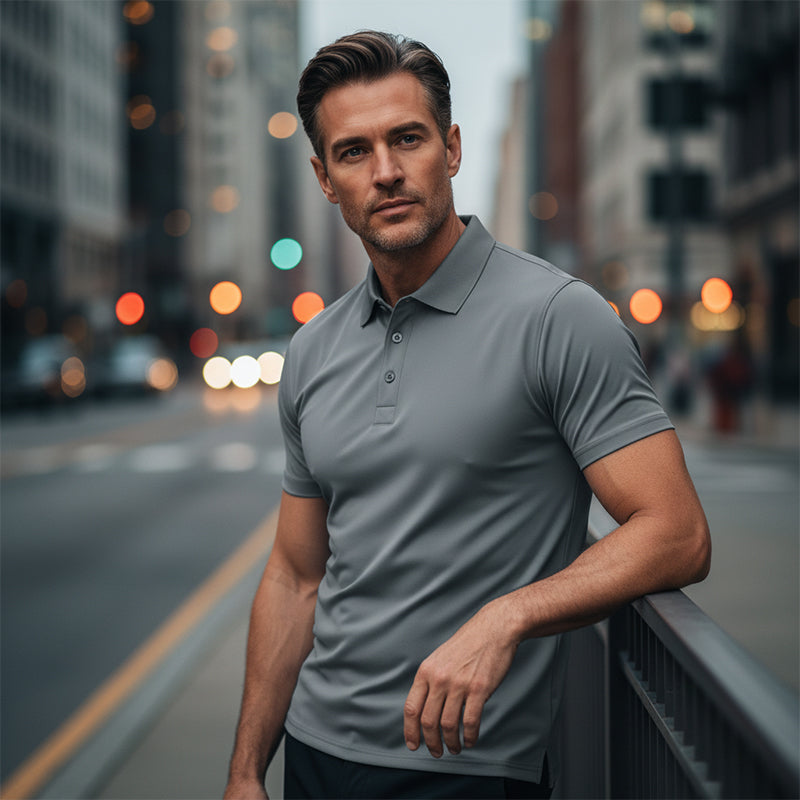 A men's Arenzza quick-dry short-sleeve lapel T-shirt in lightweight fabric, displayed on a hanger with a casual style.