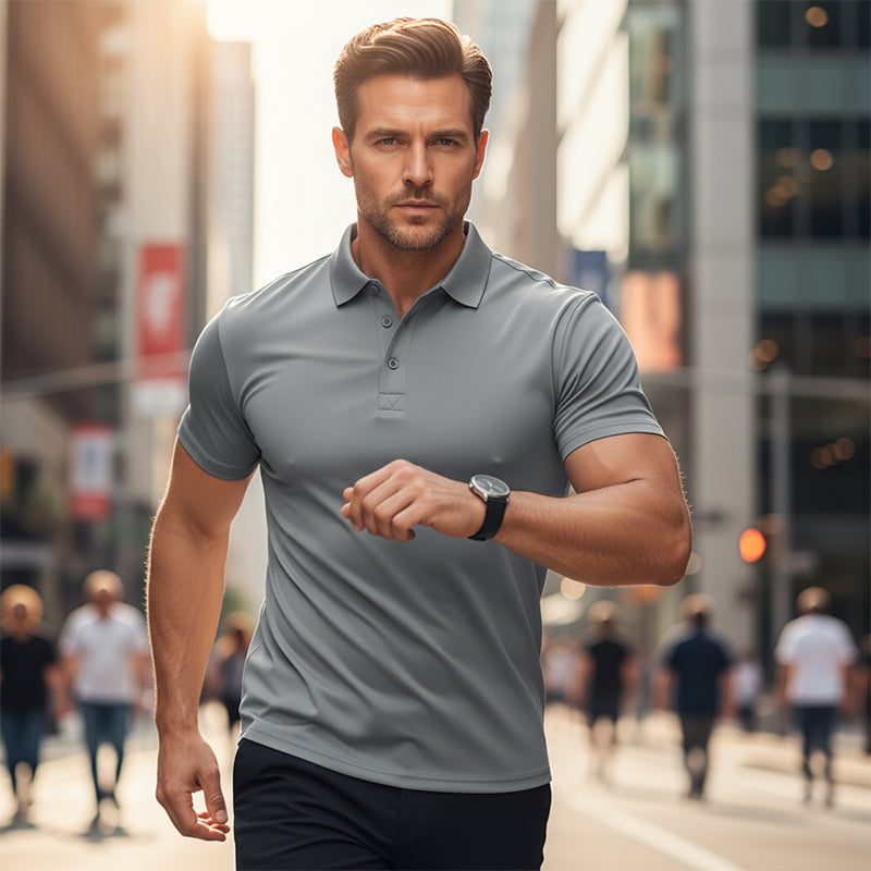 A men's quick-dry short-sleeve lapel T-shirt by Arenzza, shown in a casual style with a collar and lightweight fabric.