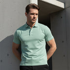 A men's Arenzza quick-dry short-sleeve lapel T-shirt in black, displayed flat with visible collar and fabric texture.