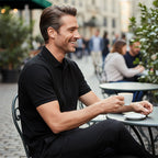 A men's quick-dry short-sleeve lapel T-shirt by Arenzza in black, displayed flat with collar and smooth fabric.