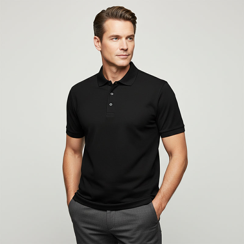 A men's quick-dry short-sleeve lapel T-shirt by Arenzza, shown in black with a classic collar and casual fit.