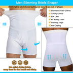 A pair of black men’s shapewear shorts by Arenzza, designed to slim and shape the waist and thighs, shown on a model.