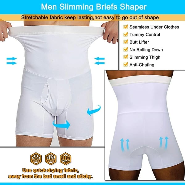 A pair of black men’s shapewear shorts by Arenzza, designed to slim and shape the waist and thighs, shown on a model.
