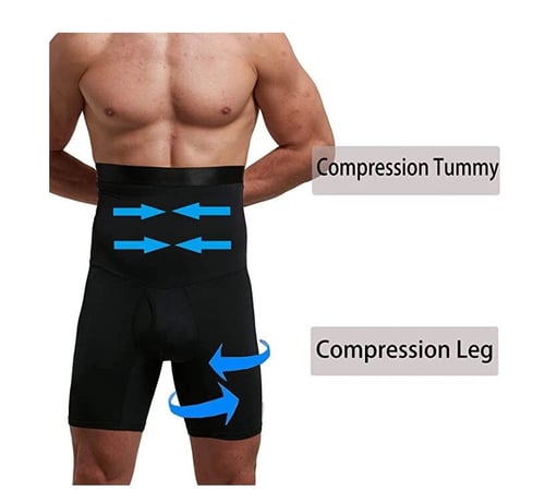 Aarenza men's shapewear shorts in black, form-fitting clothing designed to provide slimming and support.