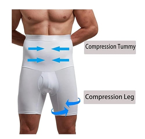 Arenzza men's shapewear shorts in black, close-up view showing smooth, fitted fabric designed for body shaping and support.