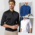 A men's wrinkle-free button-down shirt by Arenzza, shown in a casual fit with a collar and front buttons, perfect for stylish everyday wear.