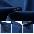 A men's wrinkle-free button-down shirt by Arenzza, shown in a close-up image highlighting the fabric and collar details.