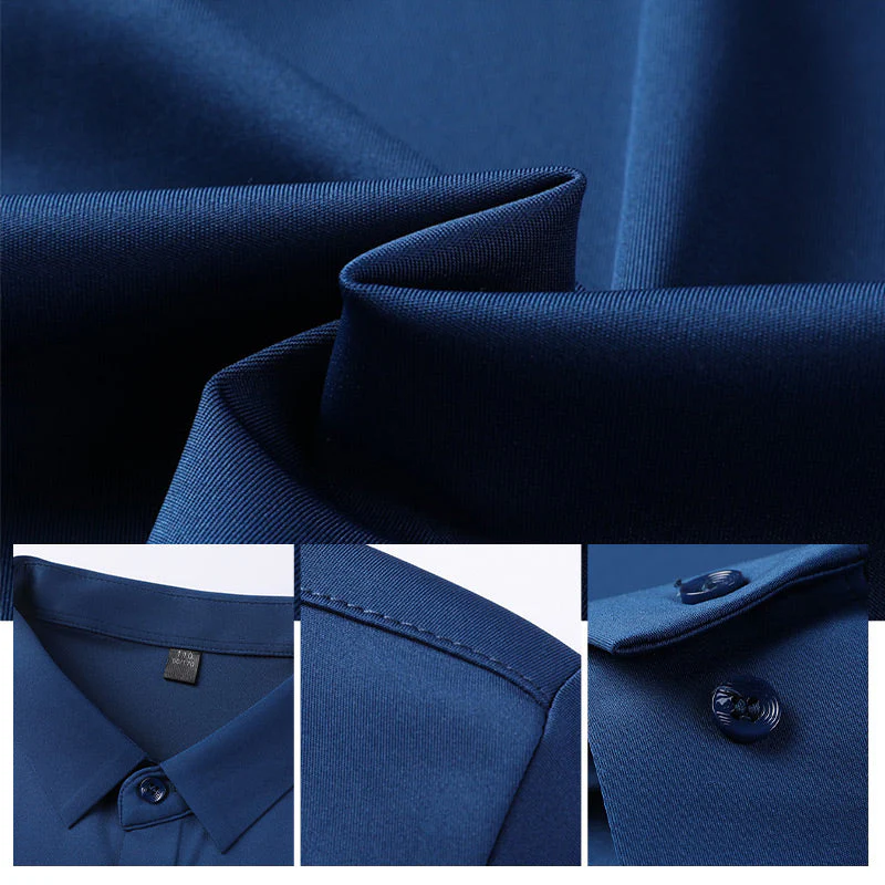 A men's wrinkle-free button-down shirt by Arenzza, shown in a close-up image highlighting the fabric and collar details.
