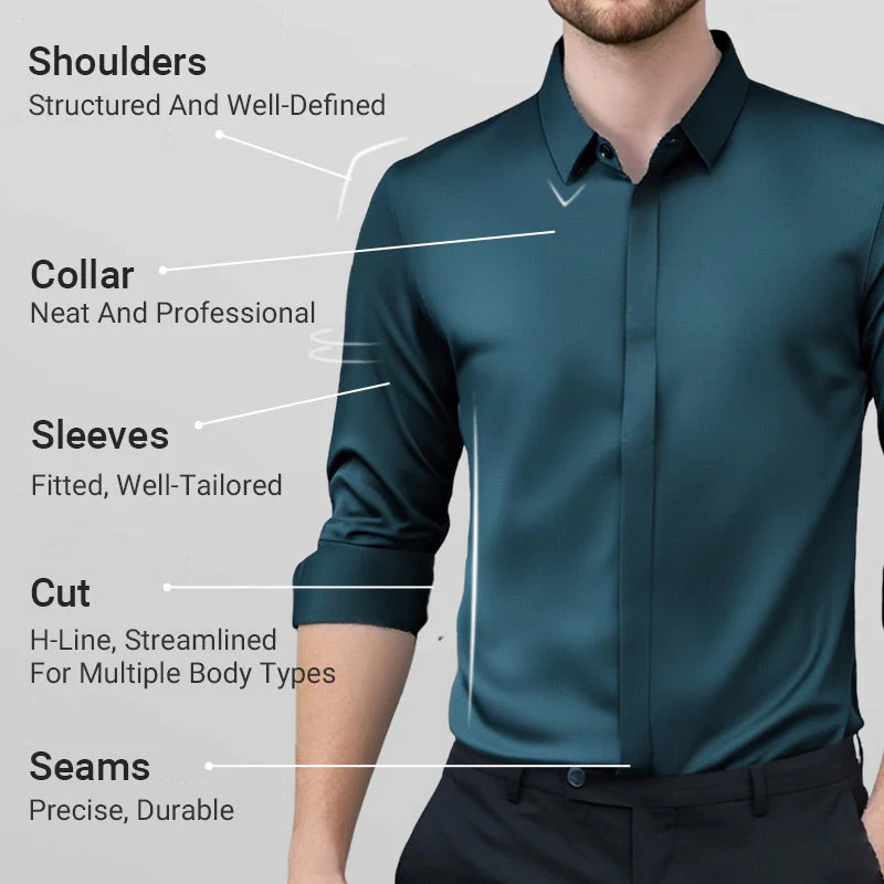 A men's wrinkle-free button-down shirt by Arenzza, featuring a classic collar and long sleeves, displayed on a hanger.