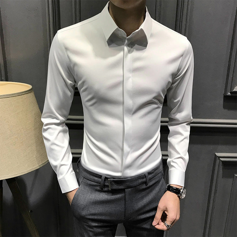 Men's wrinkle-free button-down shirt by Arenzza, shown in a crisp, neatly pressed style with a classic collar and front buttons.
