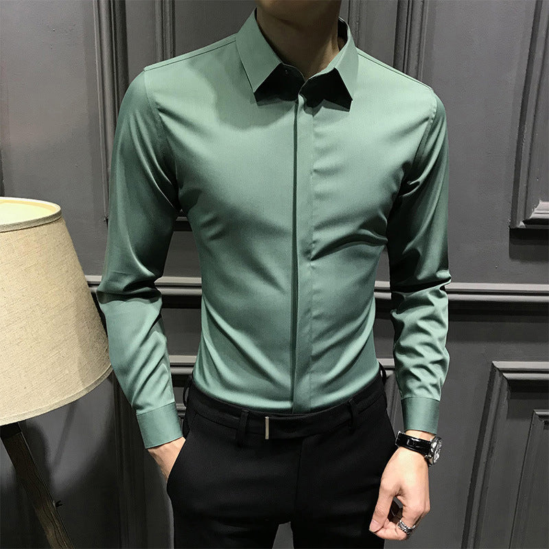 Men's wrinkle-free button-down shirt by Arenzza, showing a sleek, casual fit in a solid color with collar and button details.