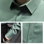 A men's wrinkle-free button-down shirt by Arenzza, featuring a classic collar and long sleeves, displayed on a hanger.