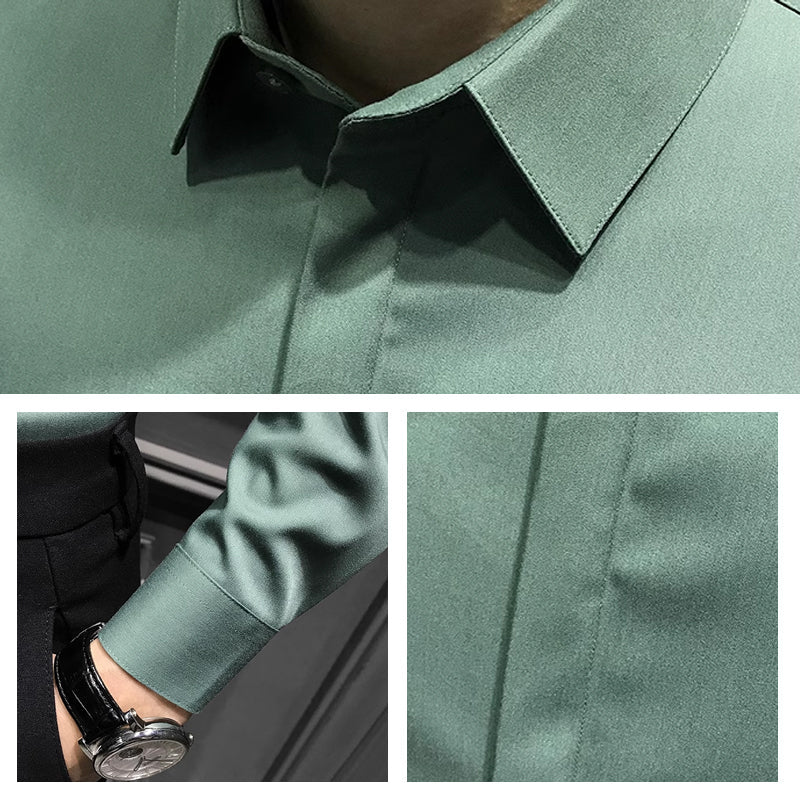 A men's wrinkle-free button-down shirt by Arenzza, featuring a classic collar and long sleeves, displayed on a hanger.