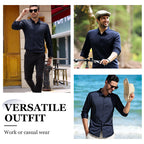 A men's casual long-sleeve shirt by Arenzza, featuring a relaxed fit and classic collar, shown on a hanger against a neutral background.