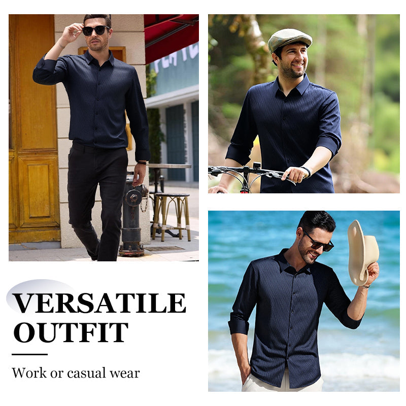 A men's casual long-sleeve shirt by Arenzza, featuring a relaxed fit and classic collar, shown on a hanger against a neutral background.