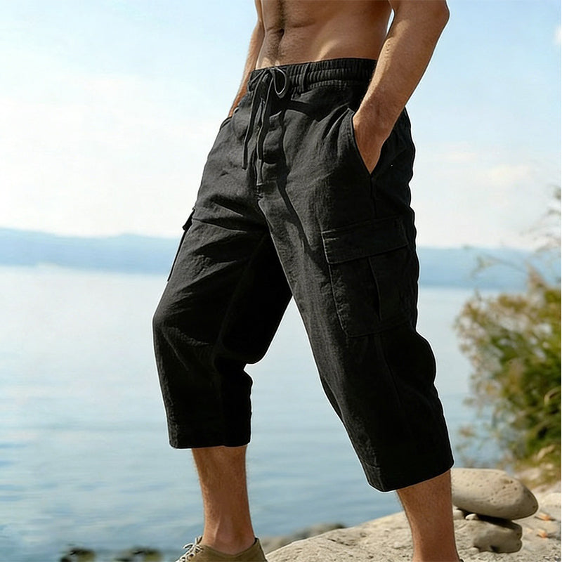 Men's linen blend cargo capri pants by Arenzza, featuring a relaxed fit and multiple pockets, in a neutral color.