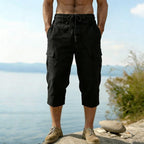 Men's linen blend cargo capri pants by Arenzza with multiple pockets and a relaxed fit, perfect for casual summer wear.