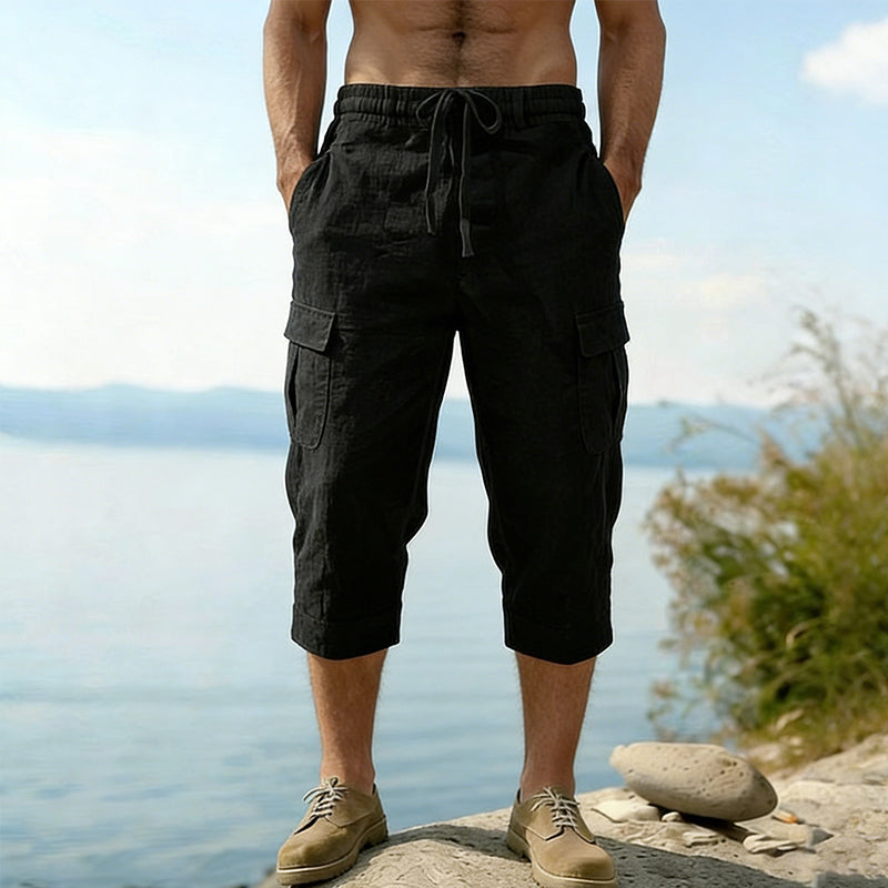 Men's linen blend cargo capri pants by Arenzza with multiple pockets and a relaxed fit, perfect for casual summer wear.