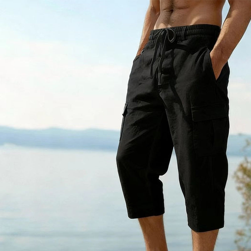 Men's linen blend cargo capri pants by Arenzza, featuring multiple pockets and a relaxed fit in light, breathable fabric.