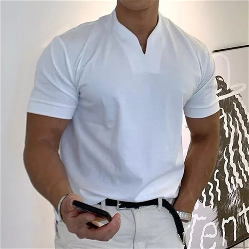 Aarenza men's short sleeve fitness T-shirt, stylish black business casual top, made for active wear and comfortable fit.