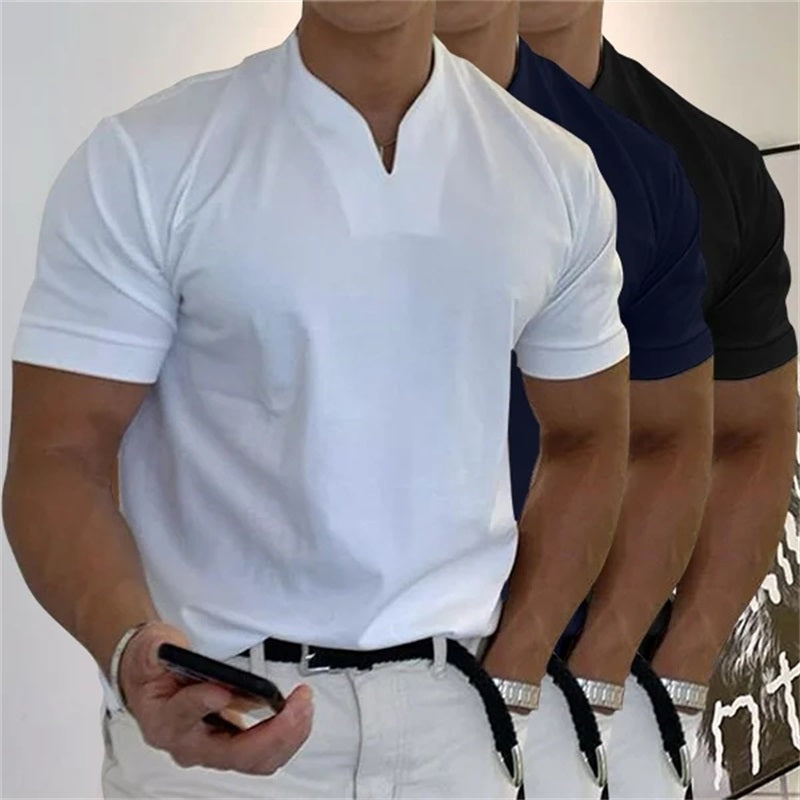 Arenzza men's business short sleeve fitness T-shirt, stylish and comfortable, shown on a hanger against a neutral background.