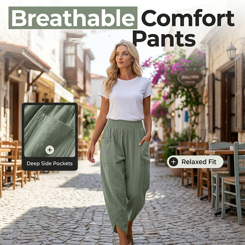 Women's casual linen blend harem pants by Arenzza, featuring a relaxed fit and comfortable design in a neutral color.
