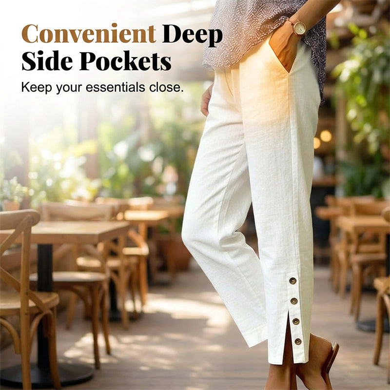 A pair of Arenzza summer breathable cropped trousers with pockets, showcasing lightweight fabric and comfortable fit.