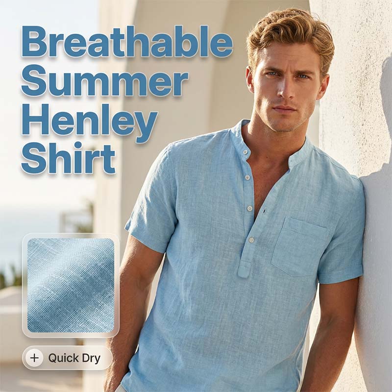 Men's short sleeve linen blend Henley shirt by Arenzza, featuring a casual fit in neutral tones, displayed on a hanger.
