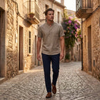 A men's short sleeve linen blend Henley shirt by Arenzza, featuring a casual, breathable design in a neutral tone.