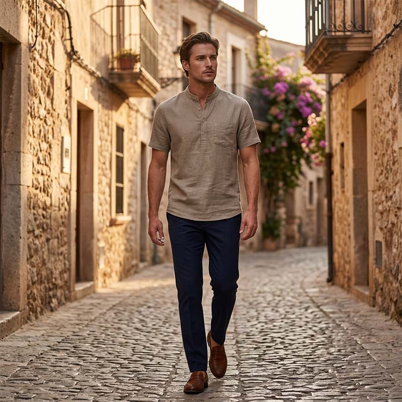 A men's short sleeve linen blend Henley shirt by Arenzza, featuring a casual, breathable design in a neutral tone.