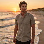 A men's short sleeve linen blend Henley shirt from Arenzza, shown in a relaxed fit with a button-up collar and casual style.