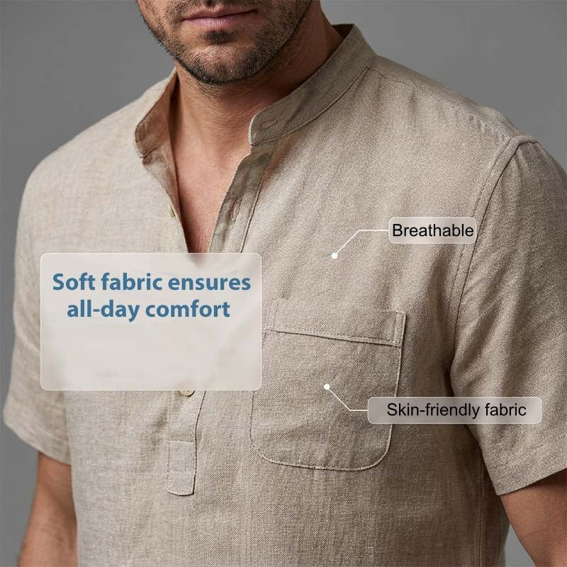 A men's short sleeve linen blend Henley shirt by Arenzza, featuring a casual fit and buttoned neckline in light fabric.