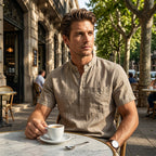 A men's short sleeve linen blend Henley shirt by Arenzza, featuring a casual fit and button placket in a neutral color.