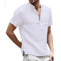 A men's short sleeve linen blend Henley shirt by Arenzza, shown in a casual fit with a buttoned collar and neutral color.