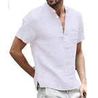 A men's short sleeve linen blend Henley shirt by Arenzza, shown in a casual fit with a buttoned collar and neutral color.