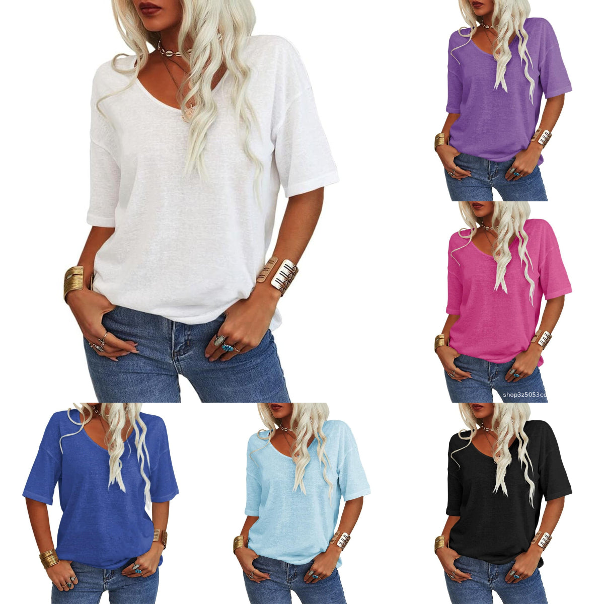 Aarenza women's solid color V-neck T-shirt in a neutral shade, displayed flat with short sleeves and a relaxed fit.