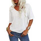 A women’s solid color V-neck T-shirt from Arenzza, featuring a relaxed fit and short sleeves, perfect for summer casual wear.