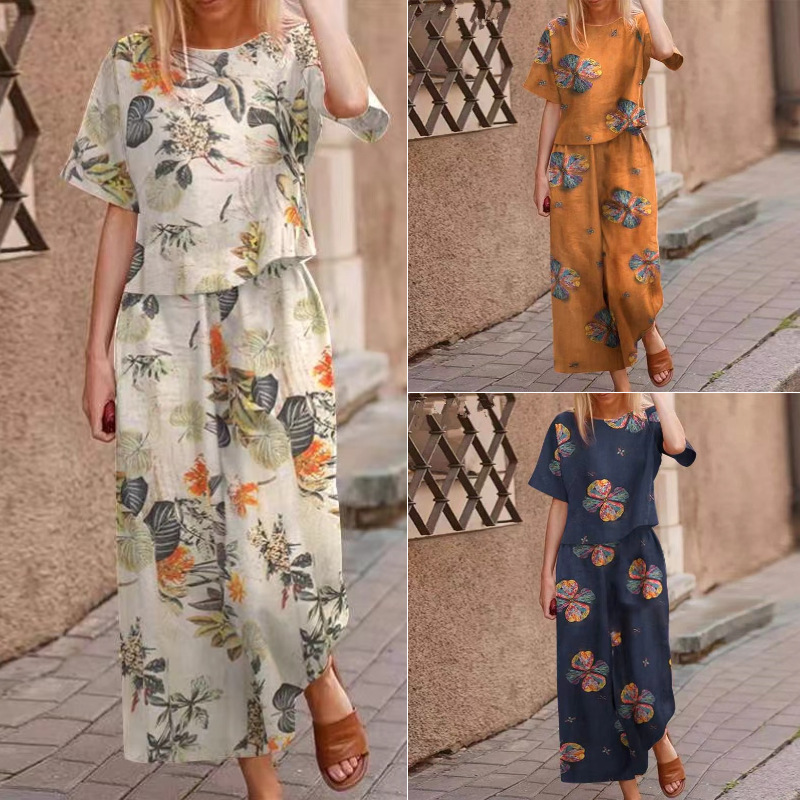 A woman wearing a loose print top and matching pants 2-piece set by Arenzza, showcasing casual, comfortable clothing.