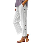 A pair of Arenzza casual solid-color loose-fit cropped pants with side buttons, displayed flat with waistband and pockets visible.