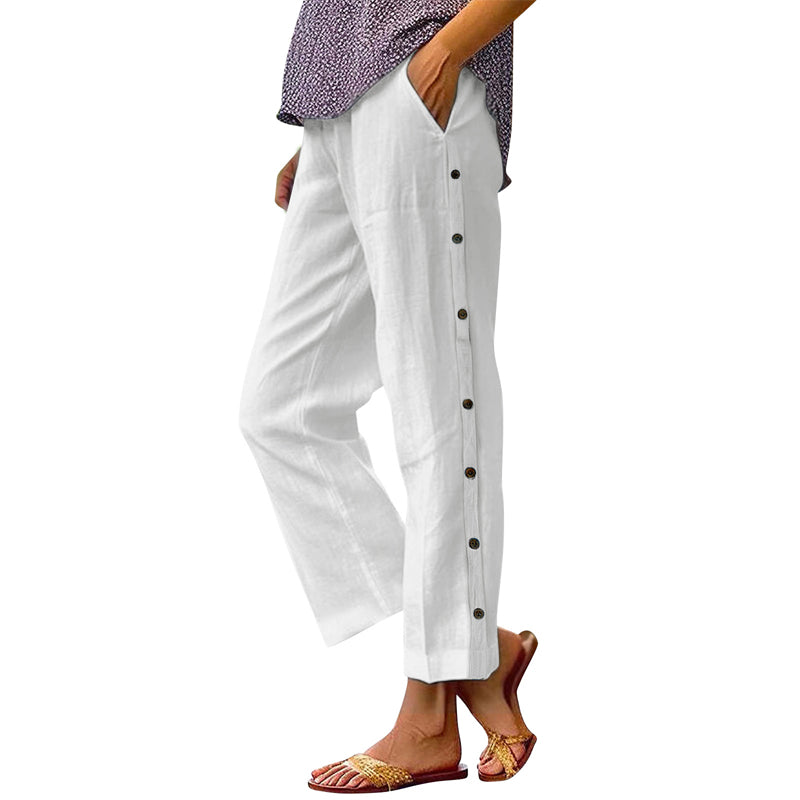 A pair of Arenzza casual solid-color loose-fit cropped pants with side buttons, displayed flat with waistband and pockets visible.