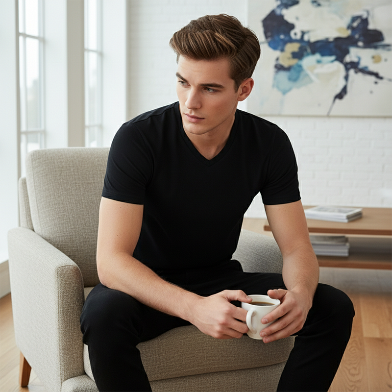 A white Arenzza classic V-neck cotton short sleeve T-shirt displayed flat, showing the smooth fabric and simple neckline.