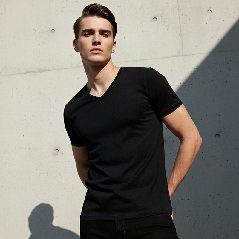 A white Arenzza classic V-neck cotton short sleeve T-shirt displayed flat with smooth fabric and short sleeves on a neutral background.