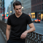 A white Arenzza classic V-neck cotton short sleeve T-shirt laid flat, showcasing its simple, clean design and soft fabric.