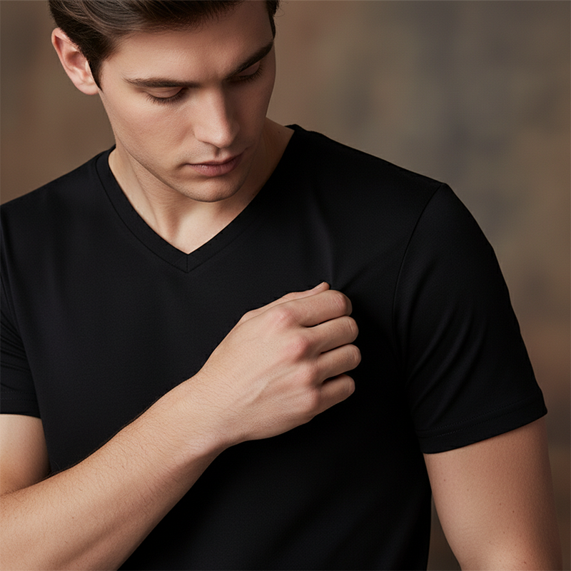 A white Arenzza classic v-neck cotton short sleeve t-shirt displayed flat, showcasing its simple, clean design and smooth fabric.