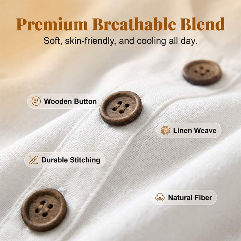 A woman wearing a sleeveless, solid color cotton linen U-neck dress by Arenzza, showing its lightweight, breezy design and relaxed fit.