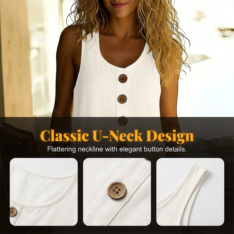 A woman wearing a sleeveless, solid color cotton linen U-neck dress by Arenzza, showcasing a lightweight and breezy summer style.