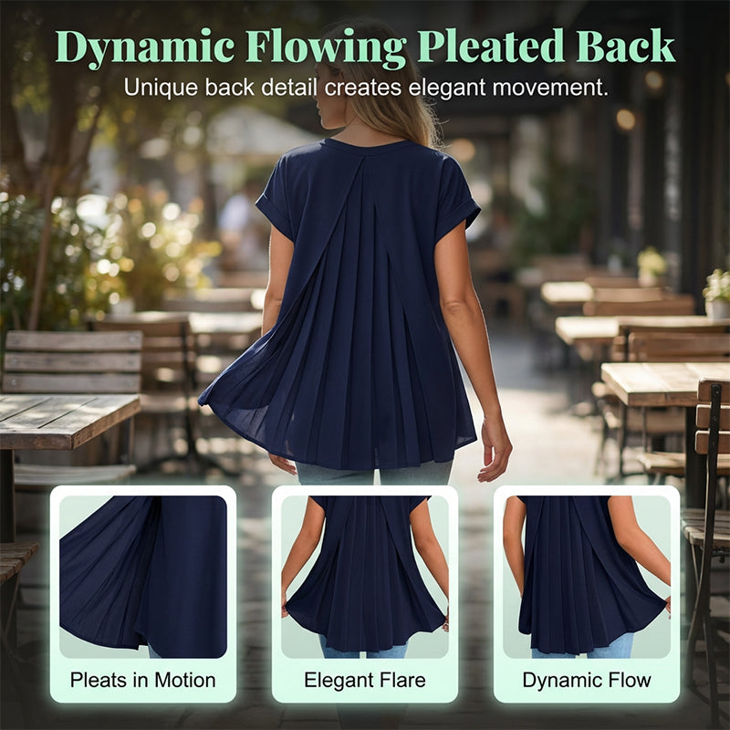 Aarenza flowy short sleeve top with inverted pleat back, lightweight fabric, and relaxed fit in a neutral color.